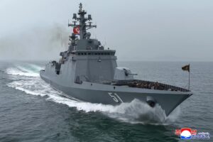 Respected Comrade Kim Jong Un Visits Destroyer Choe Hyon and Observes Test of Assessing Its Maneuverability 2 001
